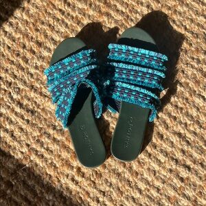 Rothy's Black and Teal Woven Slides